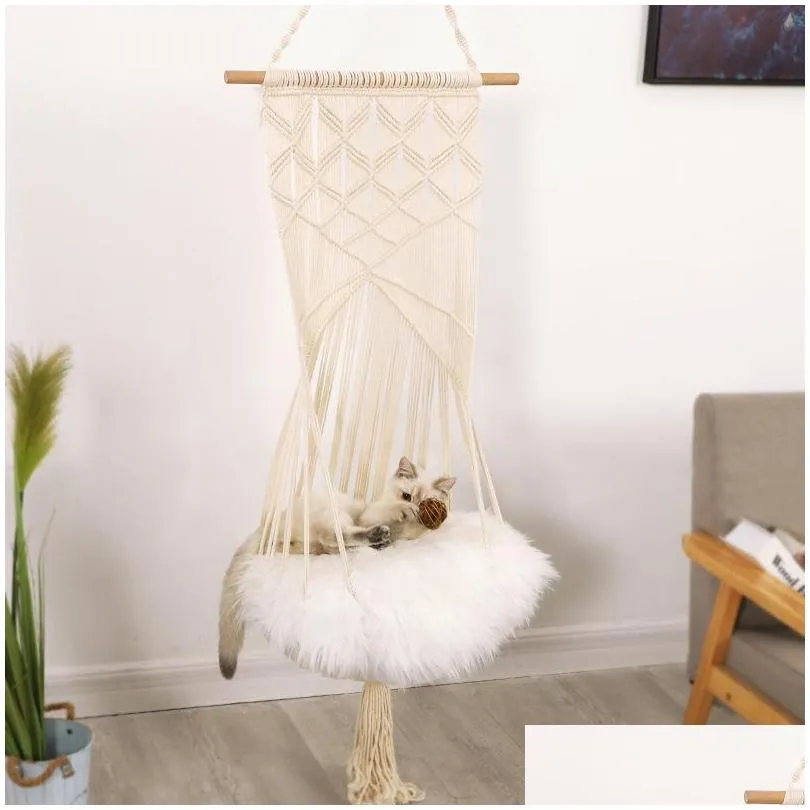 cat swing hammock boho style cage bed handmade hanging sleep chair seats tassel cats toy play cotton rope pets house