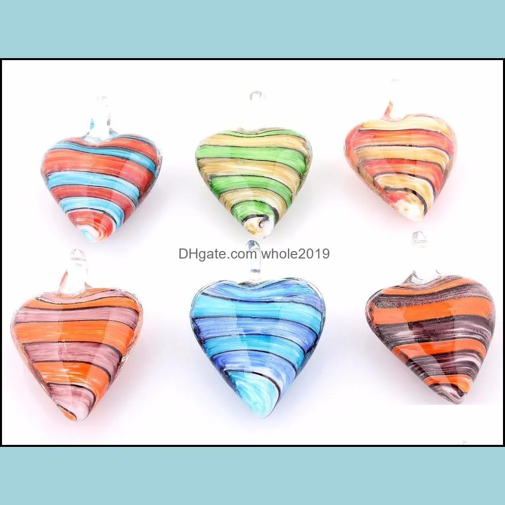 wholesale 6pcs handmade murano lampwork glass mix color stripe heart pendant fit necklace jewelry gifts