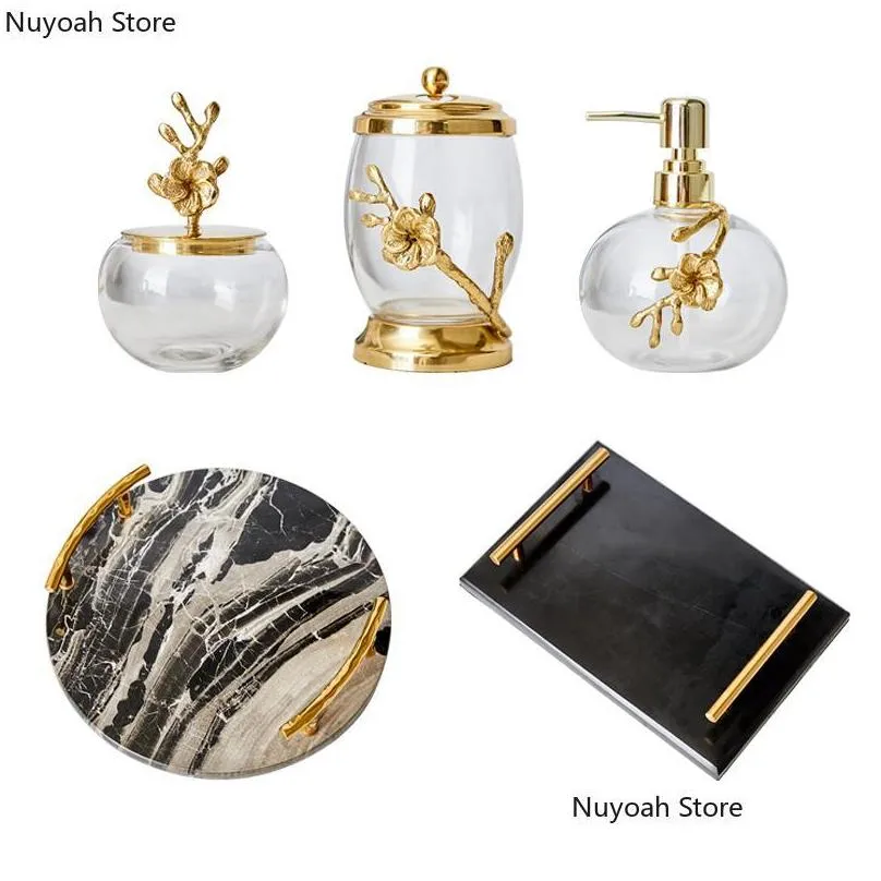 bath accessory set light luxury bathroom accessories brass transparent crystal glass lotion bottle storage tank cotton swab box marble