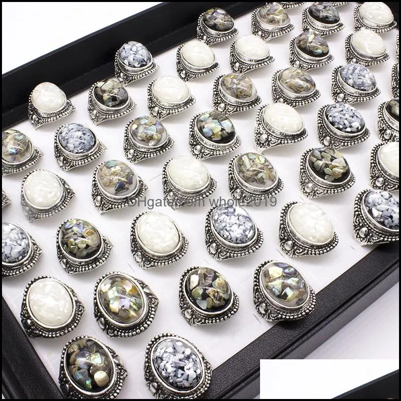 wholesale vintage band rings 36pieces mix size colors trendy silver color punk big antique stone ring men jewelry fashion