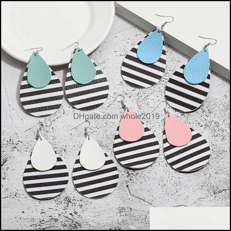 fashion designer pu leather waterdrop dangle earring for women colorful double layer silver plating hook statement earrings jewelry