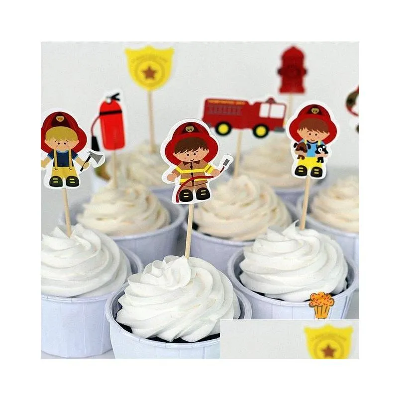 72pcs fireman cake toppers cupcake picks cases fire fighter kids birthday party decoration baby shower candy bar