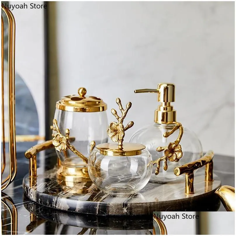 bath accessory set light luxury bathroom accessories brass transparent crystal glass lotion bottle storage tank cotton swab box marble