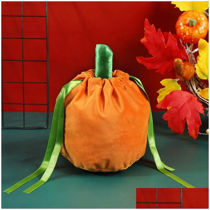 gift wrap 10/20pcs halloween candy bags velvet pumpkin biscuit packing with string kids favor bag party decor supplies