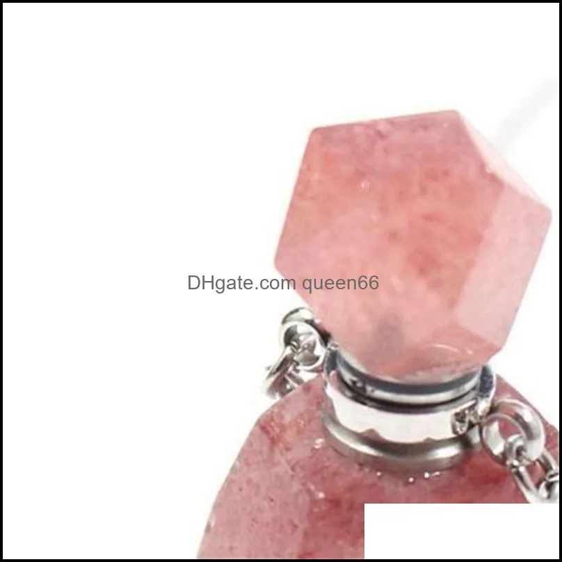 natural strawberry quartz gold silvery perfume bottle pendant necklace for women crystal  oil diffuser bottle jewelry 808 r2