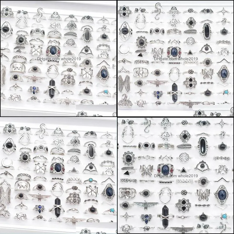 bulk lots 50pcs antique silver bohemia vintage rings women natural stone charm ethnic fashion party gifts jewelry accessory wholesale