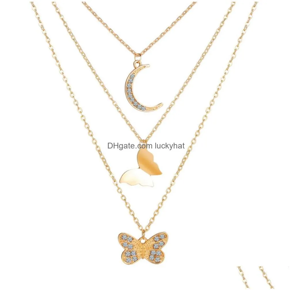 fashion jewelry multilayer chain necklace rhinstone moon butterfly pendant necklaces