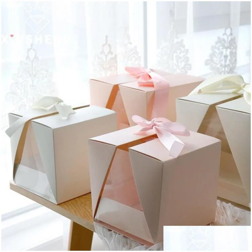 square v window transparent pvc folding portable paper box with ribbon surprise rose flower box bouquet arrangement european gif1