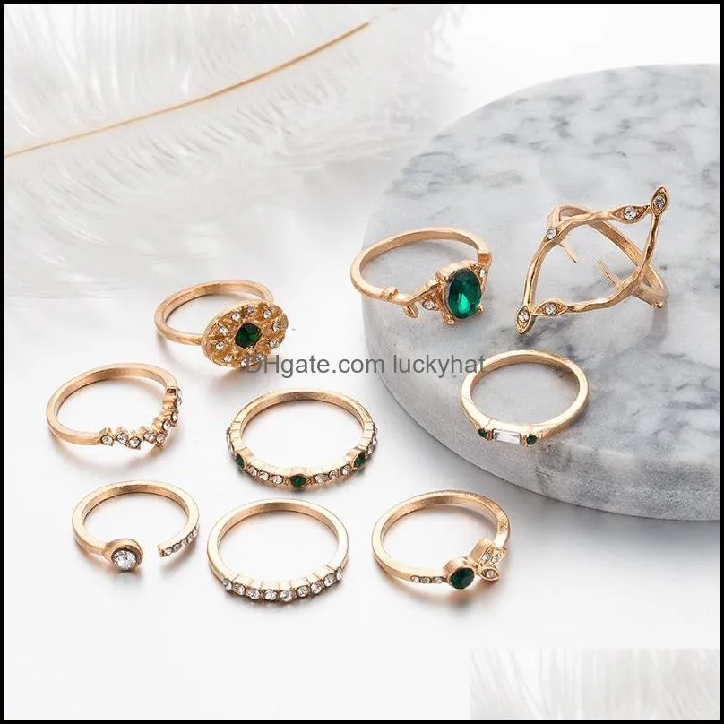9 pcs/set women green crystal geometry crown flower heart star opal knuckle ring set boho party rings jewelry gold finger ring 464 q2