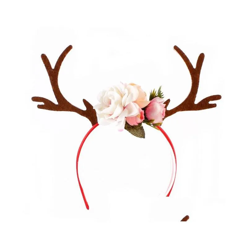 christmas headband elk deer antlers ear hair hoop with flowers antlers costume