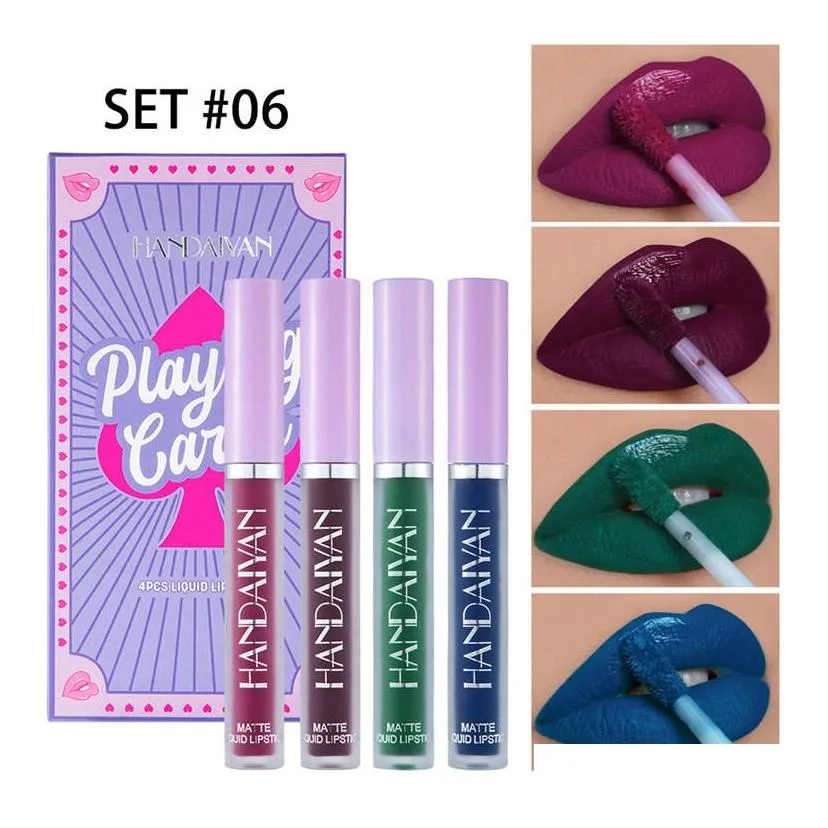 dropshipping handaiyan poker 4pcs liquid lipstick set waterproof 8 hours long lasting multi color matte nonstick cup stay all day makeup lip stick