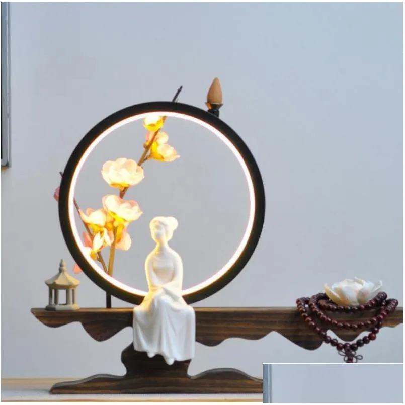 fragrance lamps zen backflow incense burner holder smoke waterfall sticks led lamp ring ornaments living room office desk decor