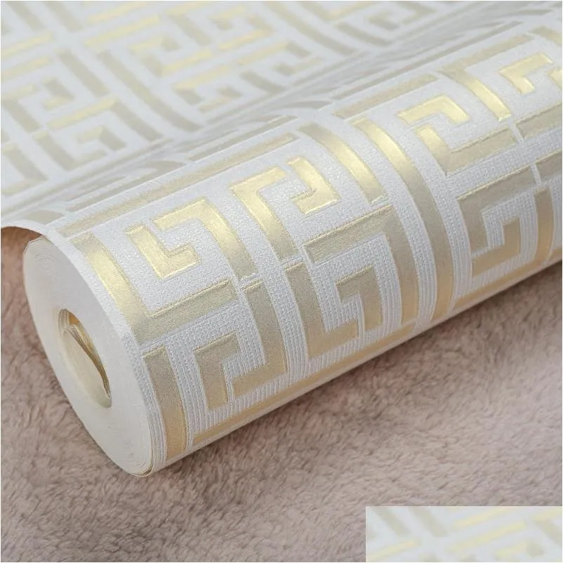 contemporary modern geometric wallpaper neutral greek key design pvc wall paper for bedroom 0.53m x 10m roll gold on white