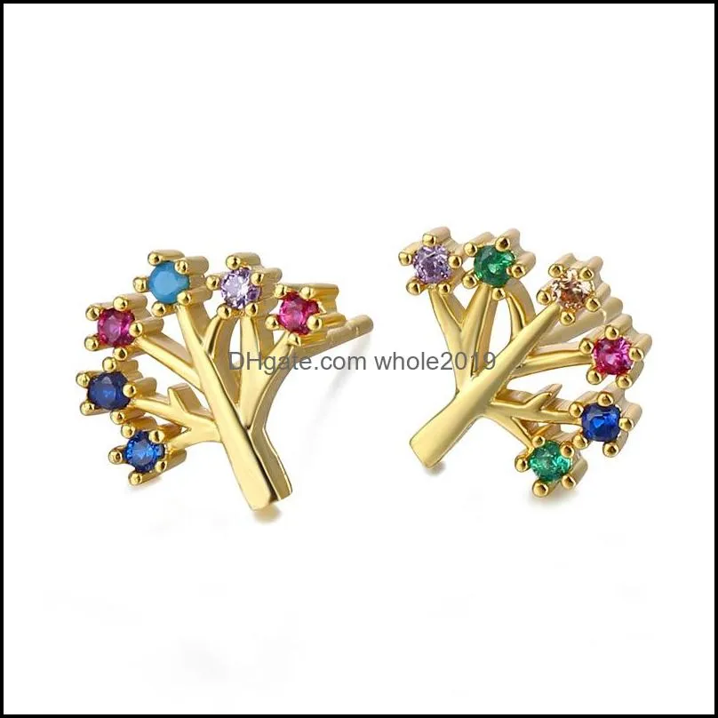 new rainbow cubic zirconia love lips arrow tree eye stud earrings for women girls fashion copper plated 18k gold cz earring jewelry