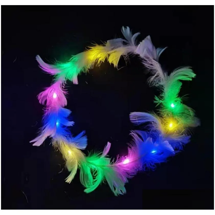 party decoration led white feather head garland hairband wreath ladies girls angel hen night fancy dress glow headband battery