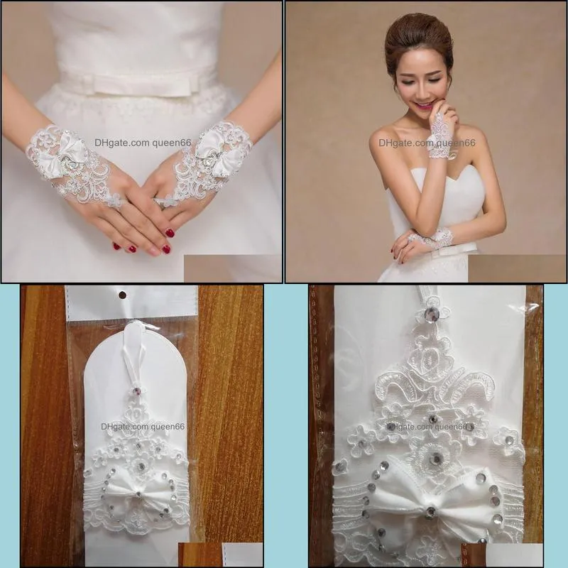 bride short bow tie elastic white lace diamond gloves female dance performance women fingerless etiquette glove