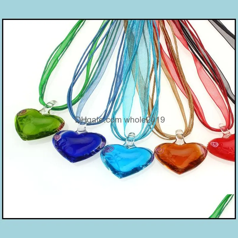 wholesale 6pcs handmade murano lampwork glass mixed color heart pendants silk cords necklace