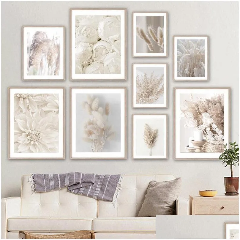 paintings beige reed dried flower canvas painting posters and prints wall art picture modern living room decoration