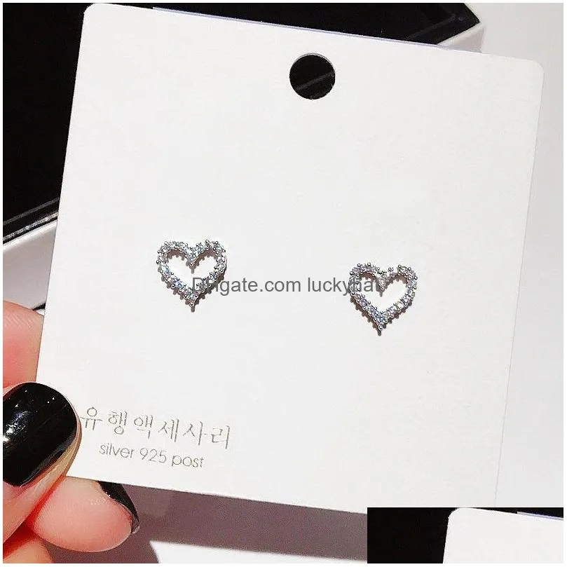 fashion jewelry s925 silver post stud earring zircon hollow out love heart earrings