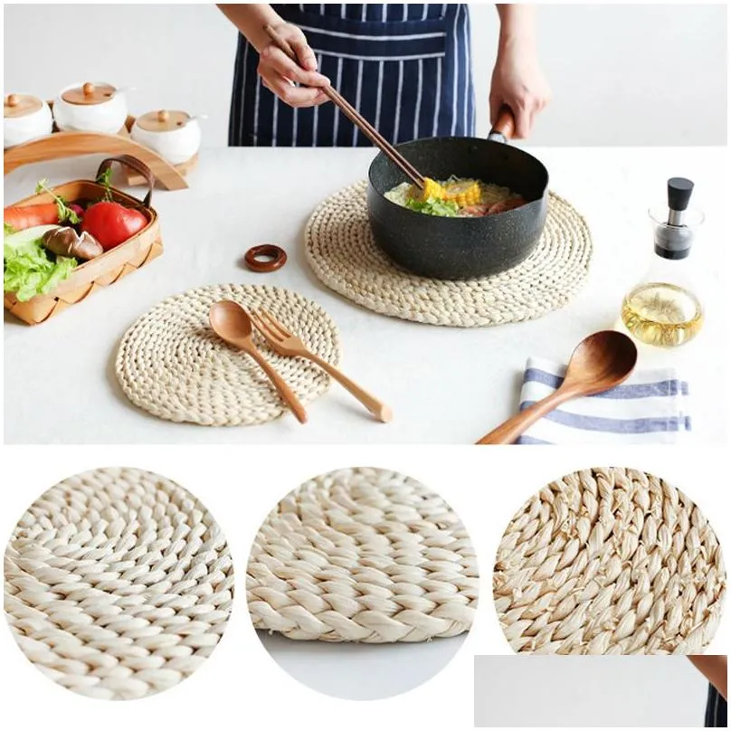 corn fur woven dining table mat heat insulation pot holder round coasters coffee drink cup table placemats mug