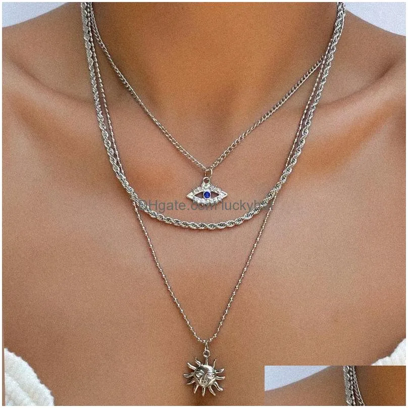 fashion jewelry evil eye multi layer necklace for women blue eyes sun pendant choker necklaces