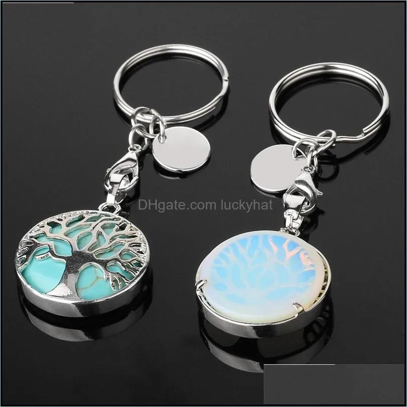 natural stone original keychains tree of life keyring silver color healing crystal car decor key rings keyholder for women men 471c3