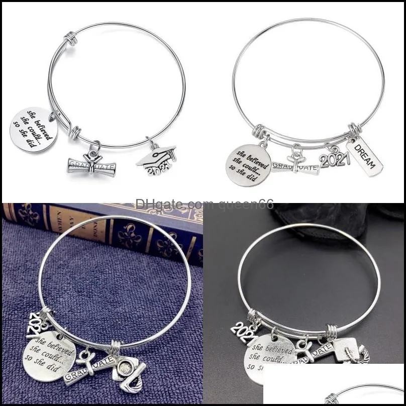 wholesale graduation gift stainless steel wire adjustable expandble bangle 2021 graduation charm bracelets graudaters gift jewelry 90