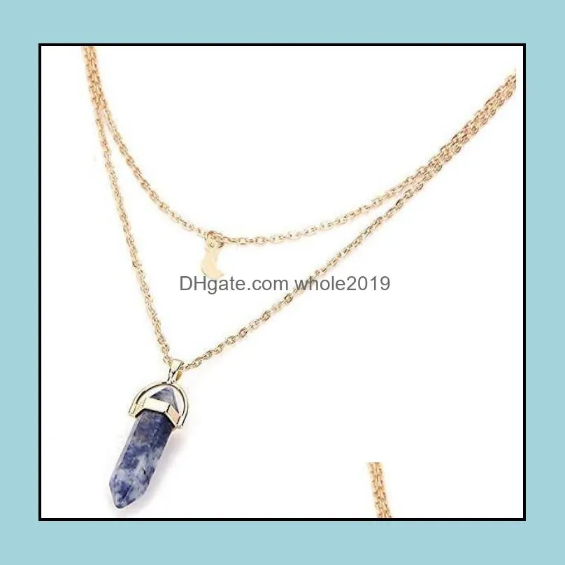 natural stones moon pendants necklace double layer gold link chains women crystal quartz bullet hexagonal charm jewelry ship