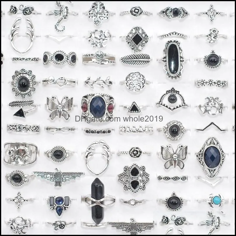 bulk lots 50pcs antique silver bohemia vintage rings women natural stone charm ethnic fashion party gifts jewelry accessory wholesale