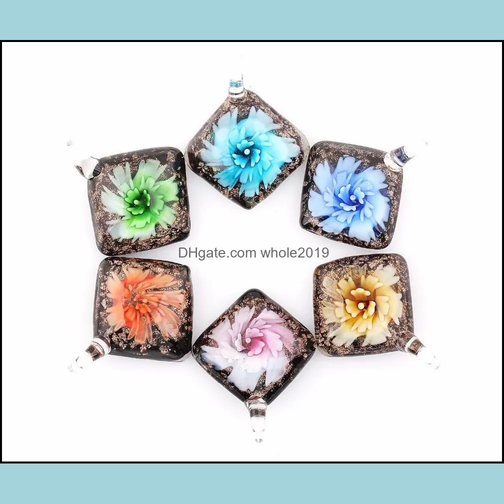 fashion beauty wholesale 6pcs pendants handmade murano lampwork glass mix within the square spin flower pendant fit necklace