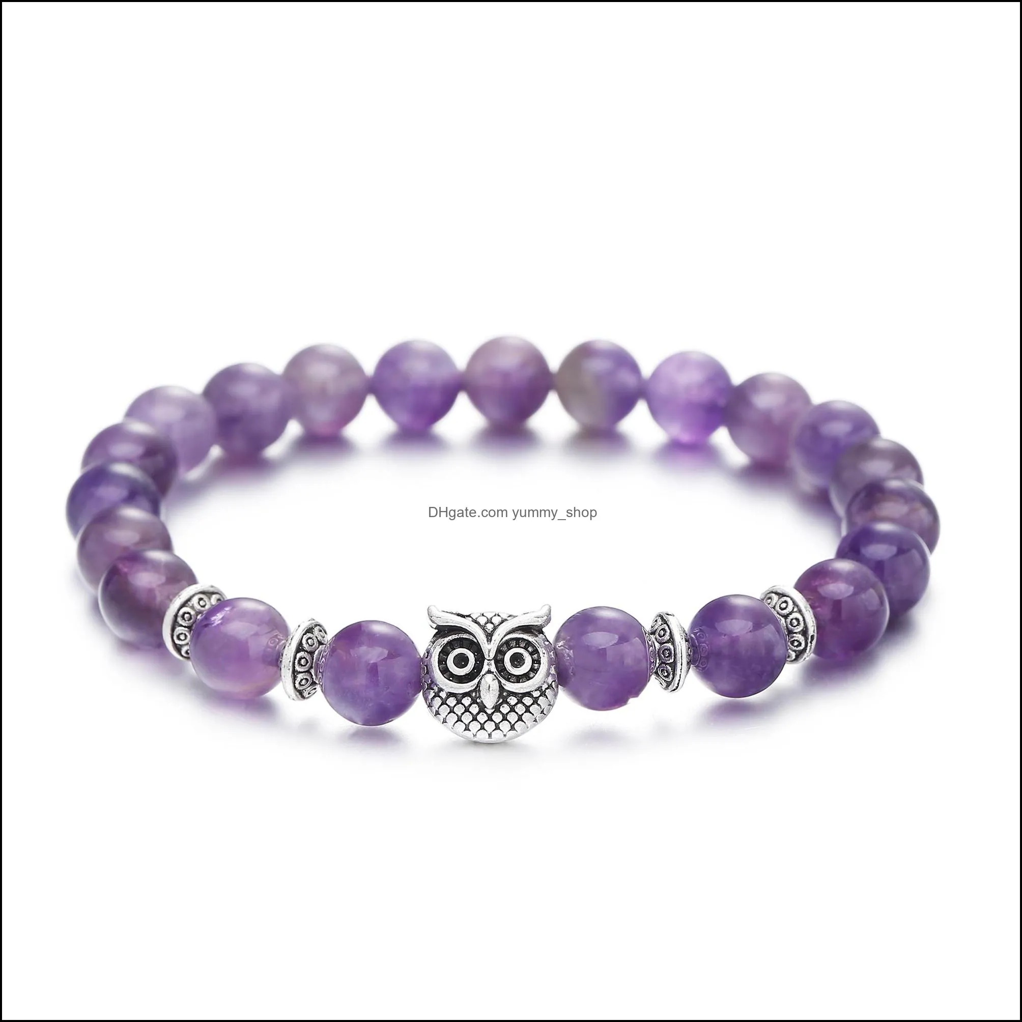 inner peace heart healing amethyst stone owl beaded strands hand bracelet 8mm energy beads purple gemstone silver for women and men