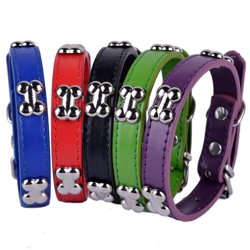 pu leather dog collar bone shaped studded collars for small dogs puppy pet supplies red black purple colors size s m l
