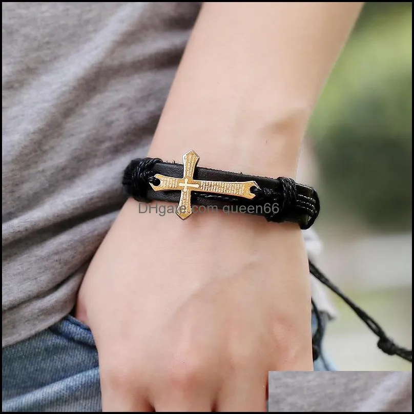 vintage leather bracelets bangles metal cross jesus bracelet adjustable wax cord brown black wholesale