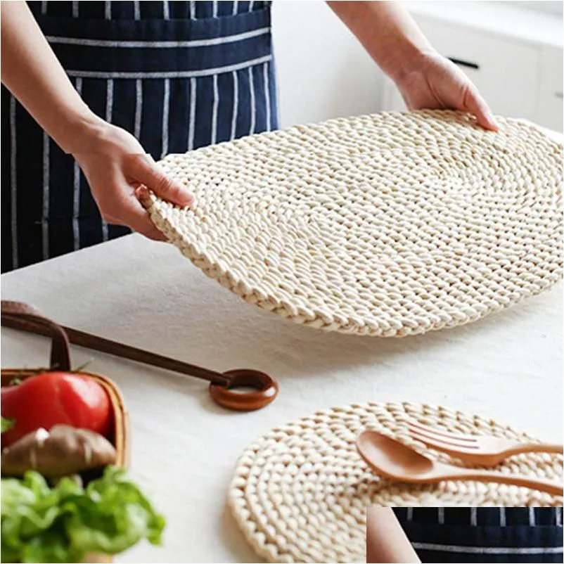 corn fur woven dining table mat heat insulation pot holder round coasters coffee drink cup table placemats mug