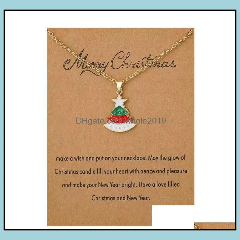 merry christmas necklace with gift card santa claus tree sock snowman pendant gold chains for women girls party jewelry 8 styles