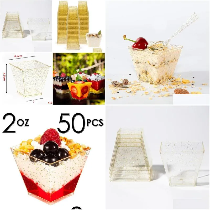 disposable cups straws 50pcs 60ml 2oz reusable plastic portion glitter trapezoidal dessert mini food container for jelly