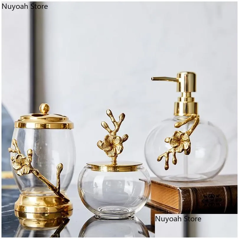 bath accessory set light luxury bathroom accessories brass transparent crystal glass lotion bottle storage tank cotton swab box marble