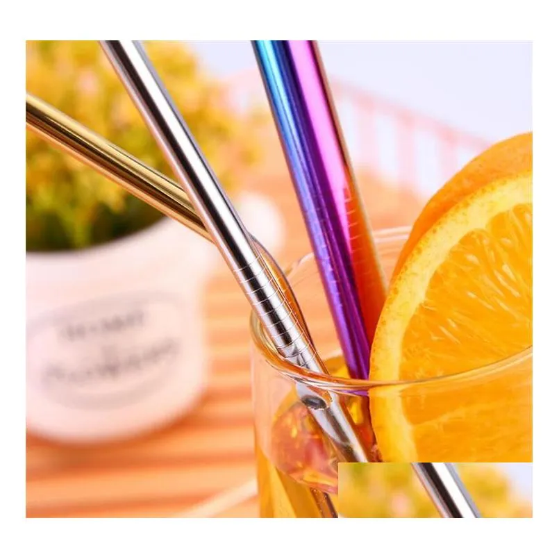 10 colors reusable stainless steel straw set with cleaner brush colorful straw smoothies drinking straws bar drinking tool