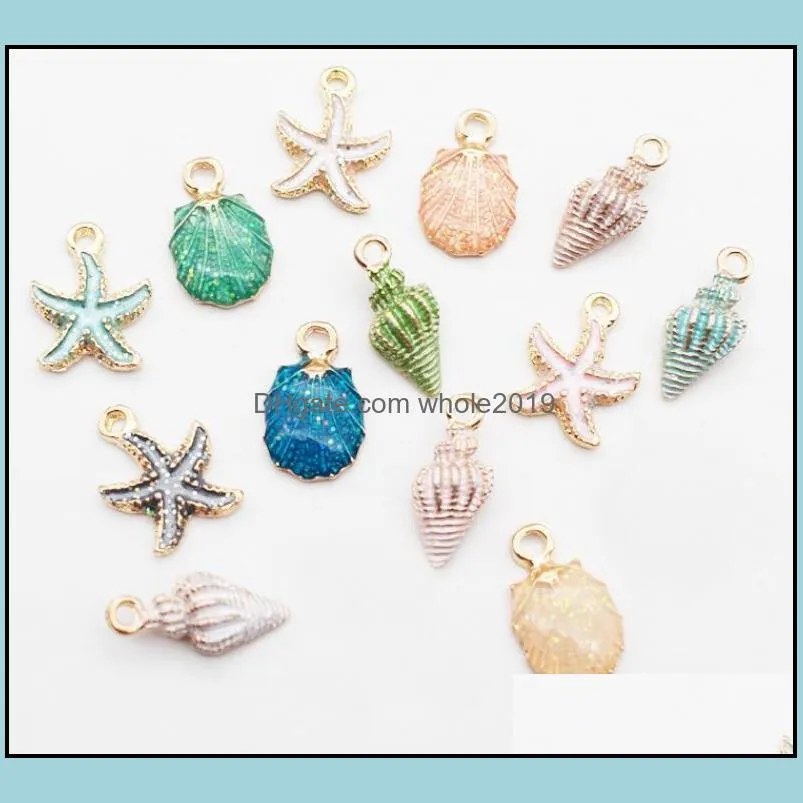 13pcs/lot nautical ocea enamel sea starfish shell conch hippocampus charms colorful oil drop pendant for jewelry accessories diy best