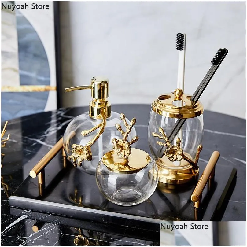 bath accessory set light luxury bathroom accessories brass transparent crystal glass lotion bottle storage tank cotton swab box marble