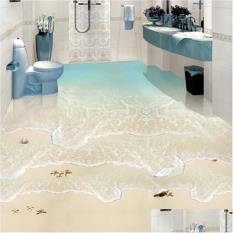 modern simple beach sea wave p o wall paper 3d floor tiles murals sticker bathroom waterproof self adhesive 3d wallpaper