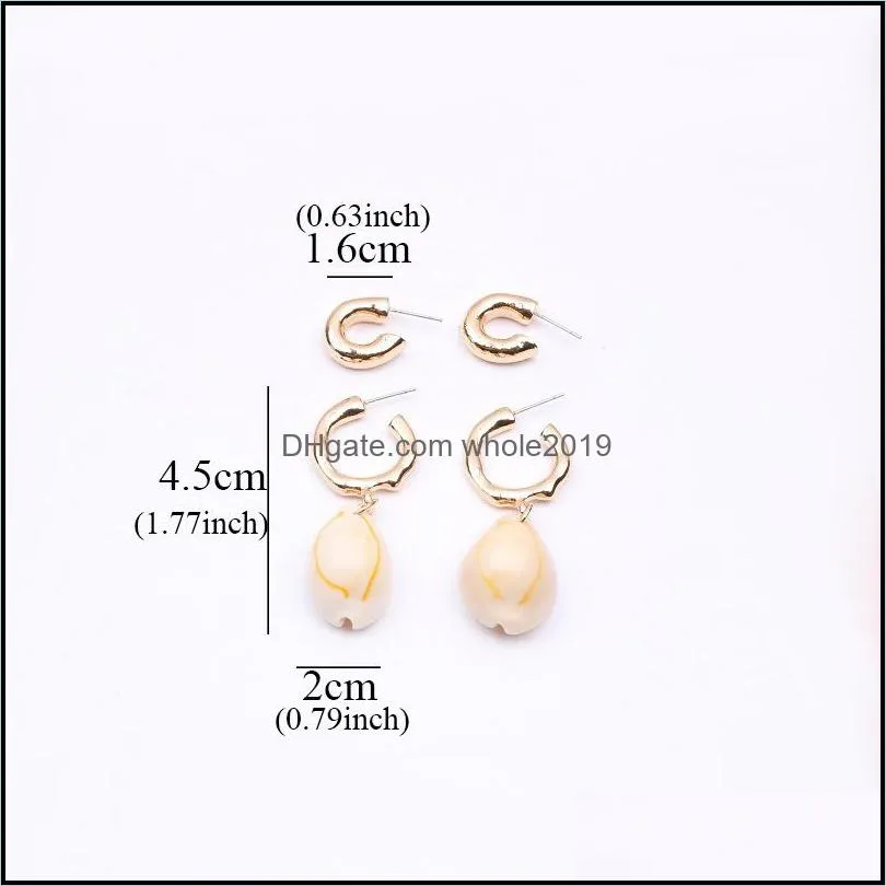 hot selling 2pcs/set geometric shell dangle earring for women gold plating alloy hoop earring fashion 2019 summer beach jewelry