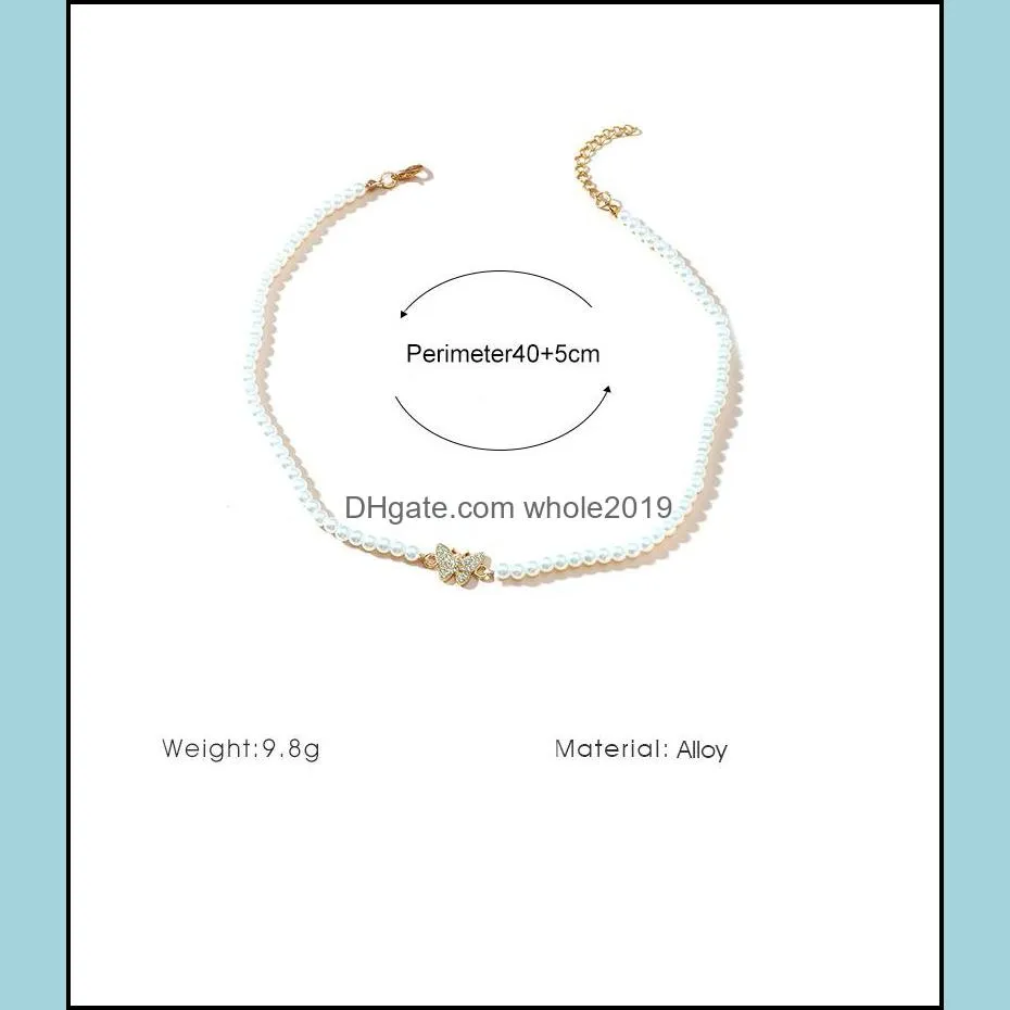 korean trendy imitation pearl zircon butterfly pendant necklace for women summer gift jewelry