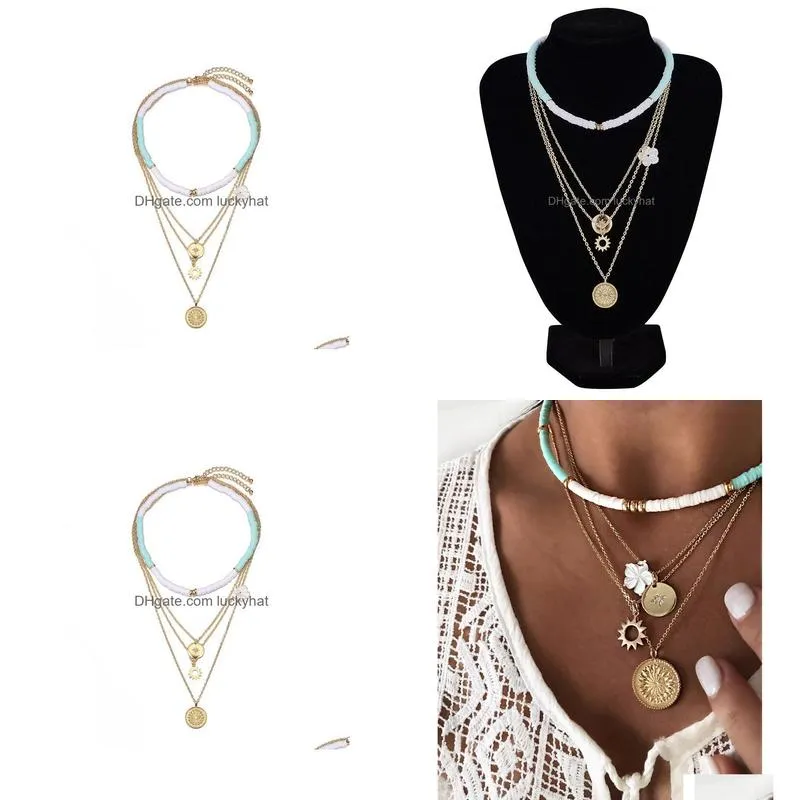 fashion jewelry multilayer necklacet necklace soft pottery beads metallic pendant necklace