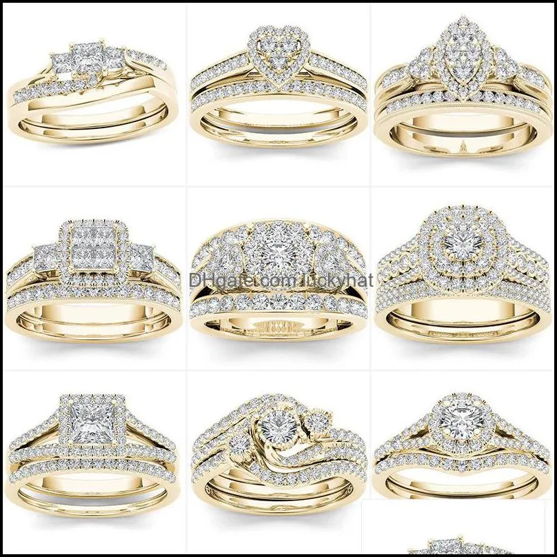 wedding rings 2pcs bridal set elegant crystal engagement ring luxury gold color round heart zircon for women boho jewelry 1892 t2