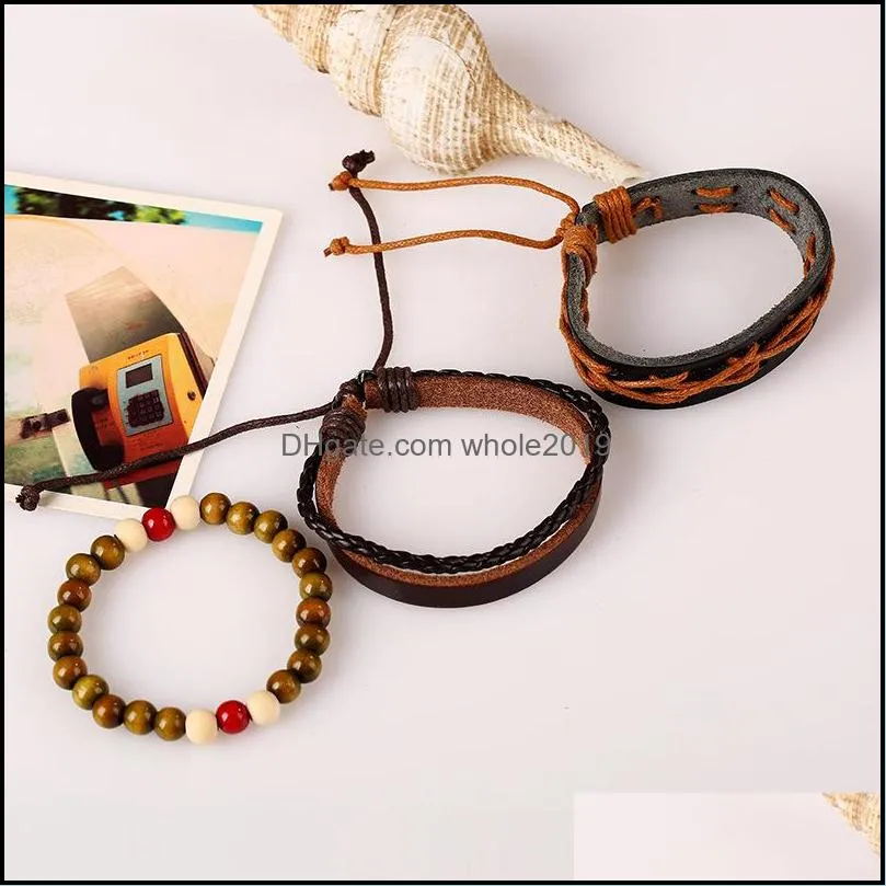 punk rope wrap handmade leather wooden beaded charm bracelets set for women men vintage jewelry accessories