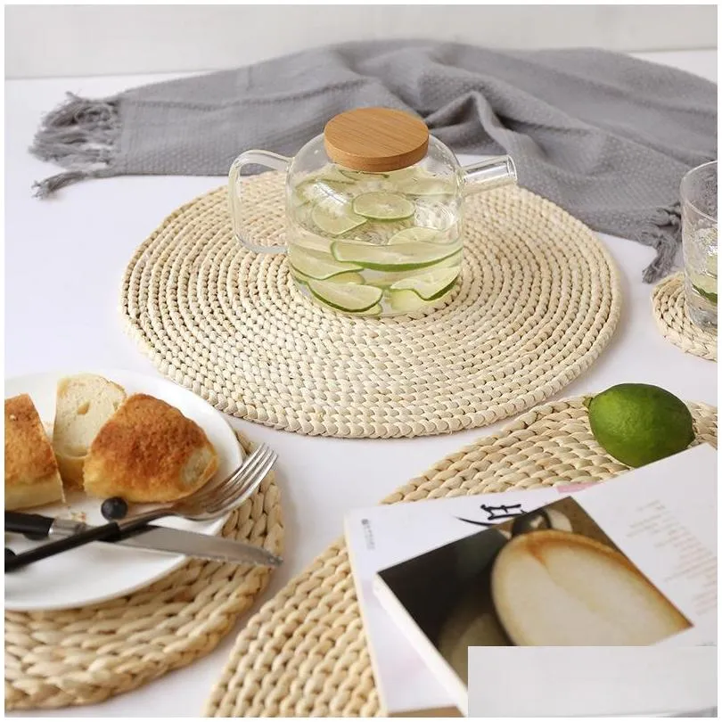 corn fur woven dining table mat heat insulation pot holder round coasters coffee drink cup table placemats mug