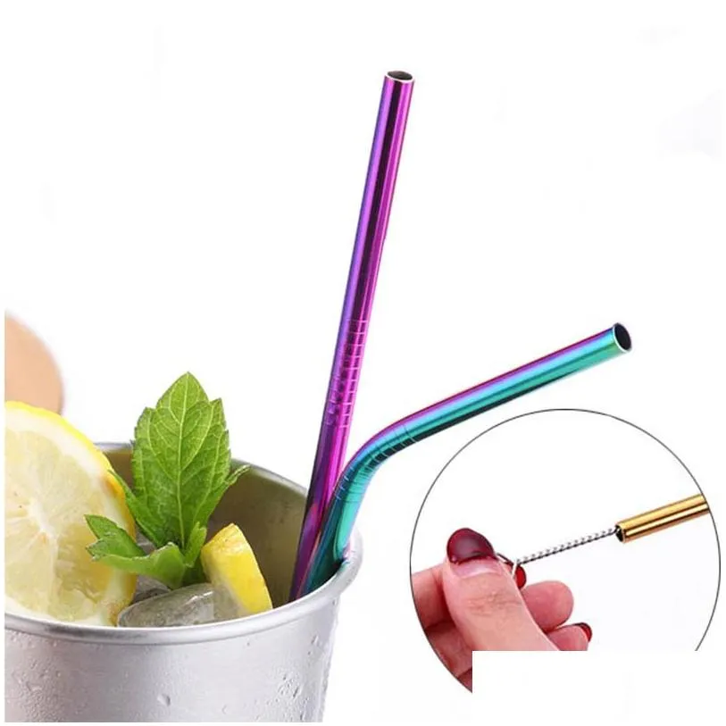 portable stainless steel straw set with brush reusable drinking straws colorful metal straw party wedding bar tool