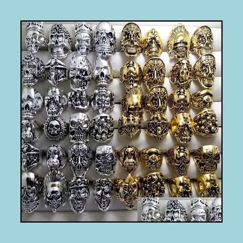 wholesale 100pcs silver gold skull head patten skeleton alloy rings jewelry finger ring crystal men punk biker fashion size 811