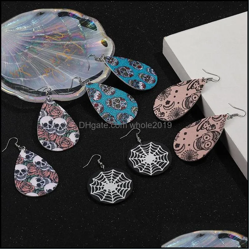 2019 new christmas halloween leather earrings for women girls teardrop pumpkin owl cat witch flowers skull print petal drop earrings